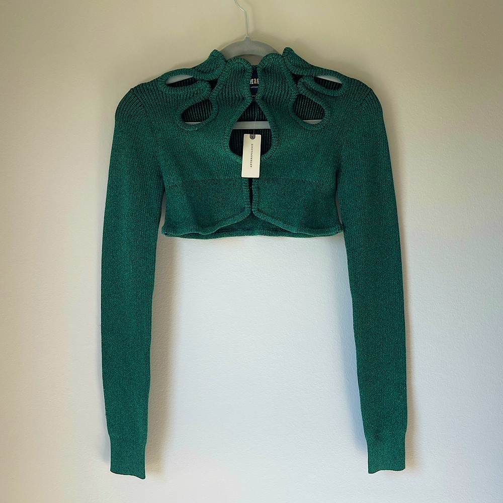 NWT Maeve Anthropologie Metallic Green Crop Shrug